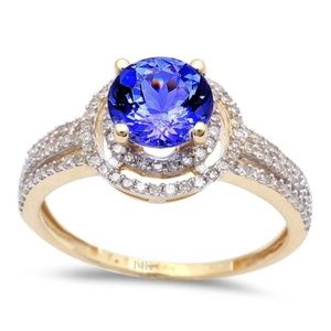 yellow gold tanzanite and diamond engagement ring